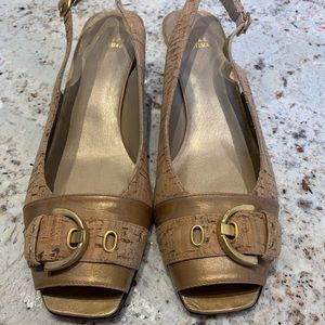 NWOB Stuart Weizmann cork open toe sling backs.